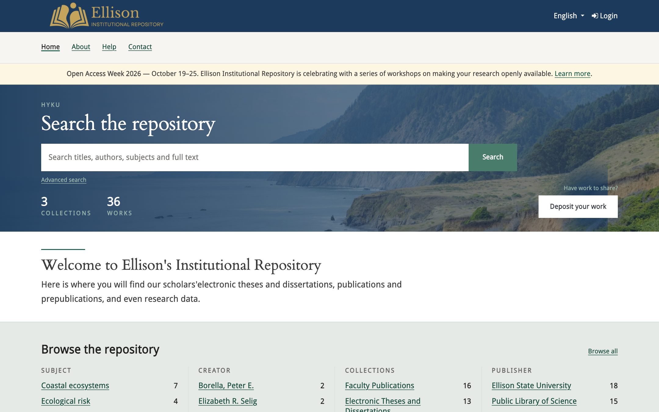 Home page of Ellison, a HykuUP demo repository for research and scholarship.