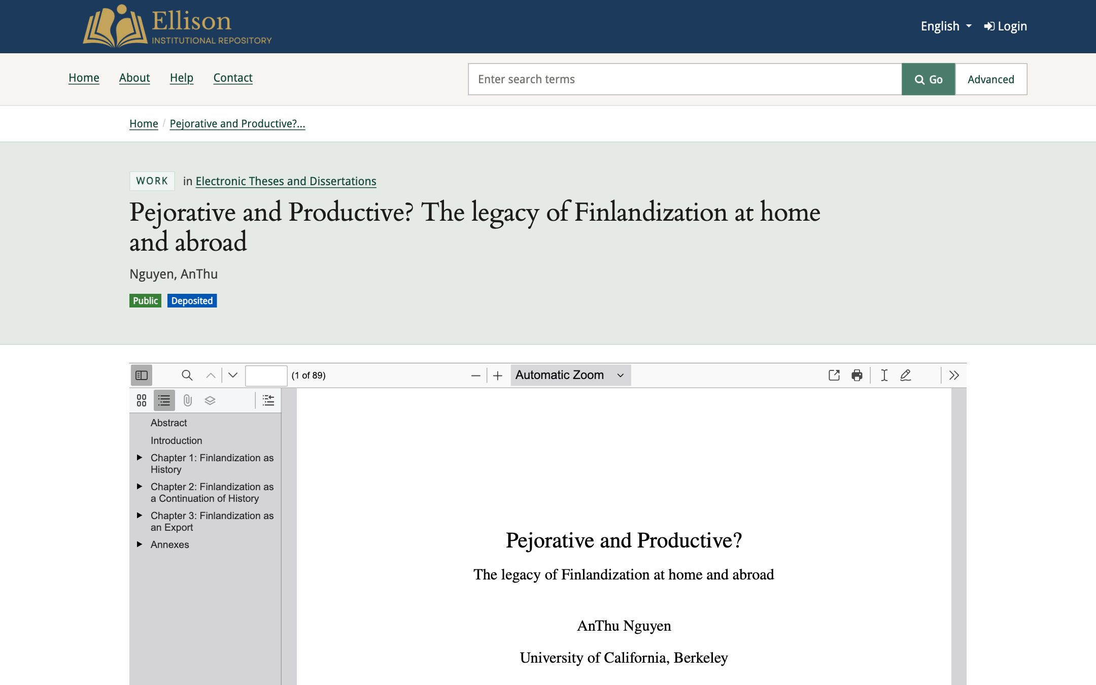 A work page in Ellison, the HykuUP research demo repository, showing an article with its PDF and citation details.