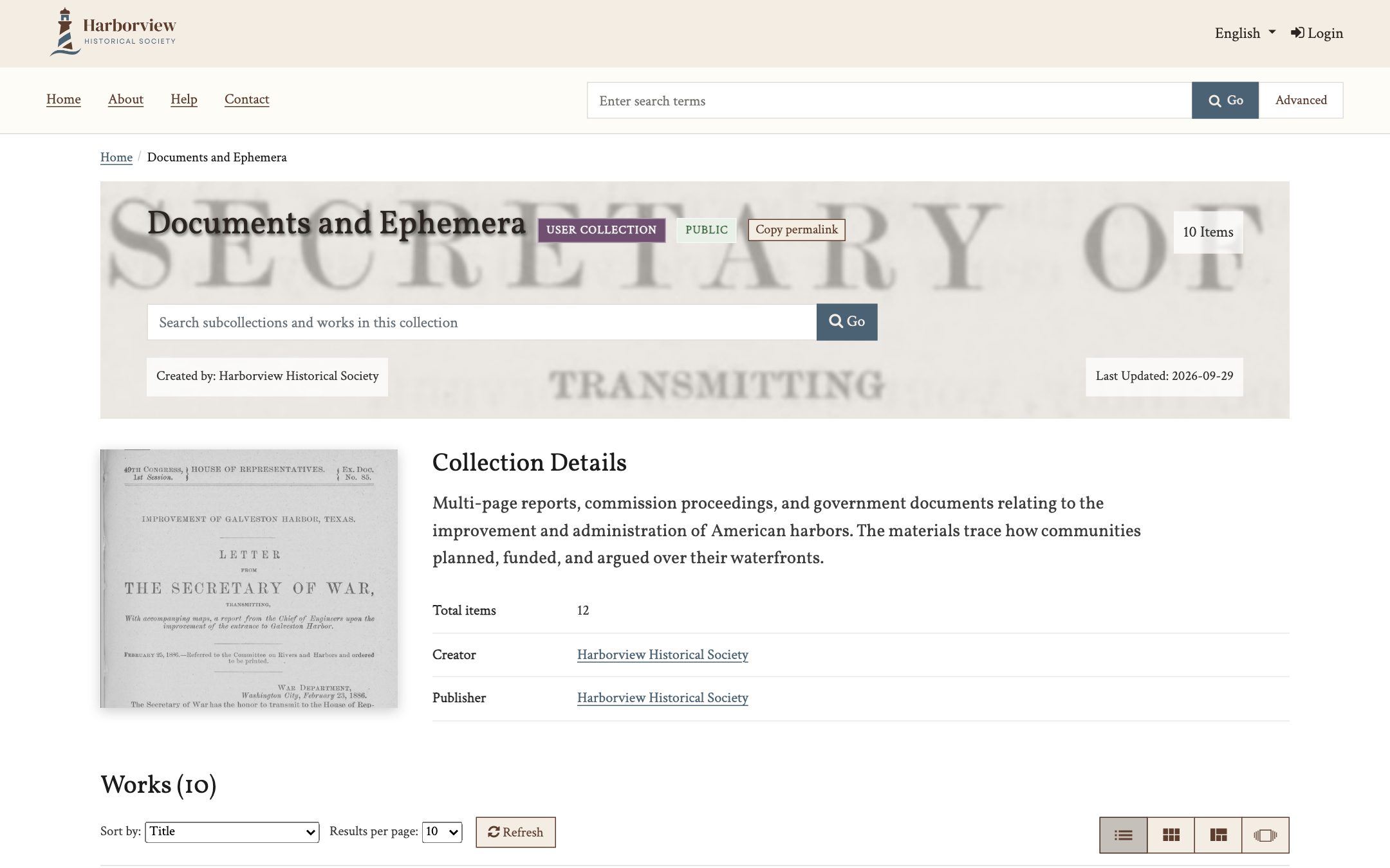 A collection page in Harborview, a HykuUP demo repository for cultural heritage, showing the collection banner, a cover image, and the collection details.