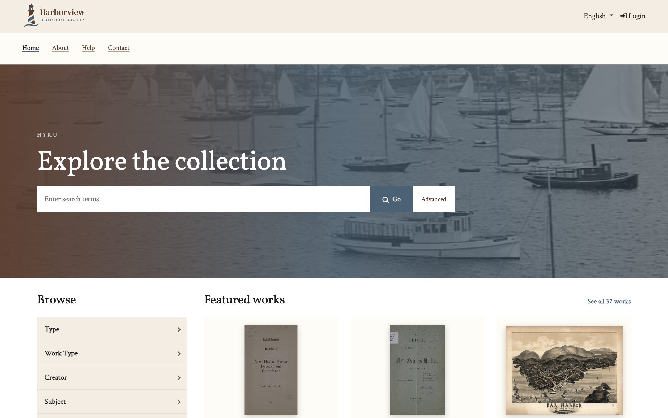 Home page of Harborview, a HykuUP demo repository for cultural heritage collections, showing a large banner image, a search bar, and featured works.