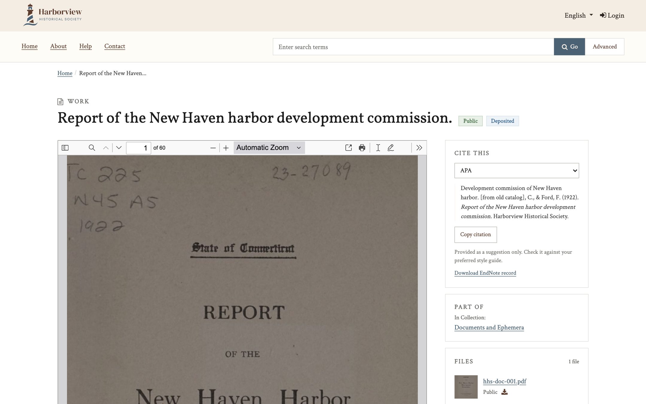 A work page in Harborview showing a digitized image in the viewer with descriptive metadata below.