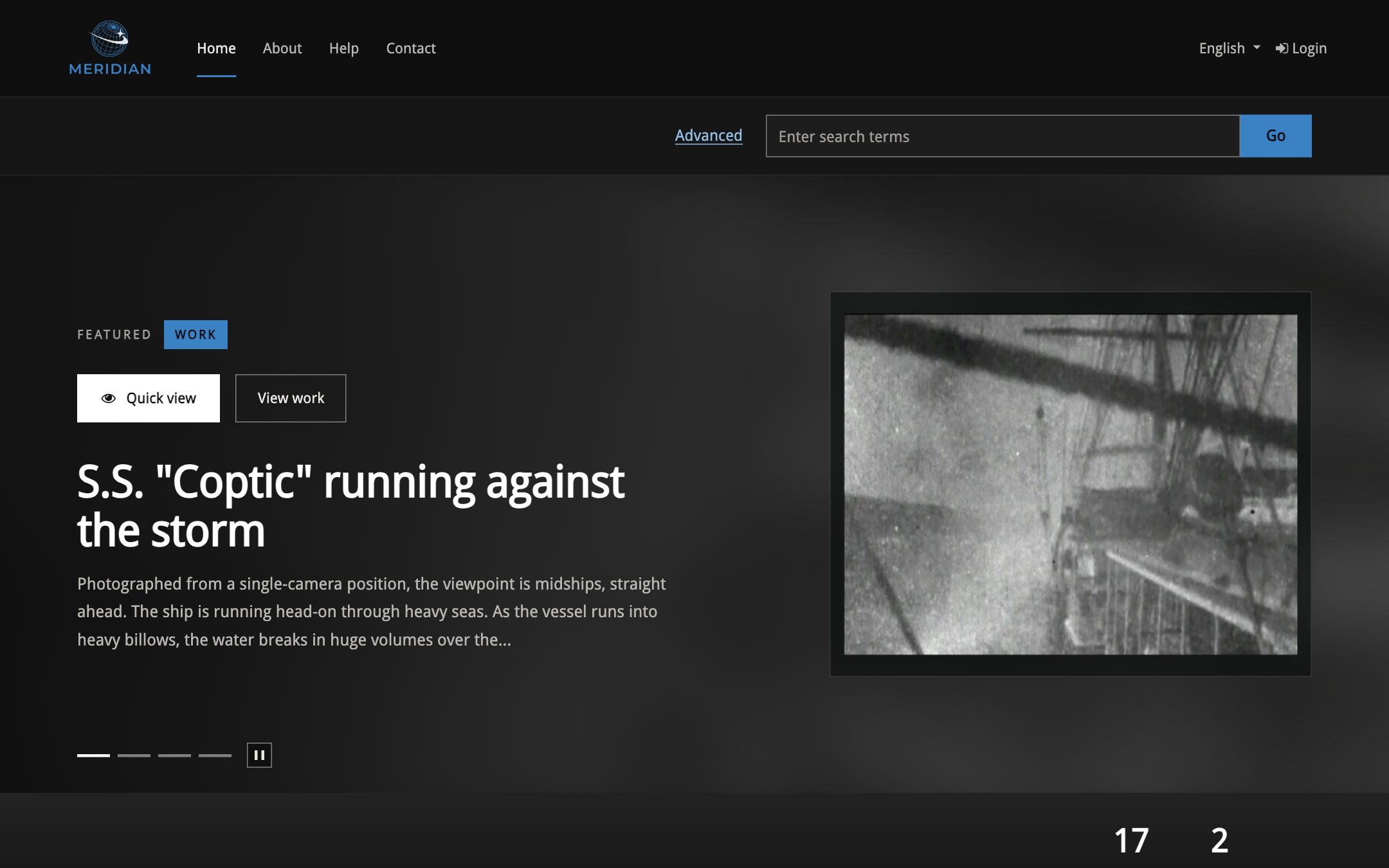 Home page of Meridian, a HykuUP demo repository for audio and video, with a dark cinematic layout.
