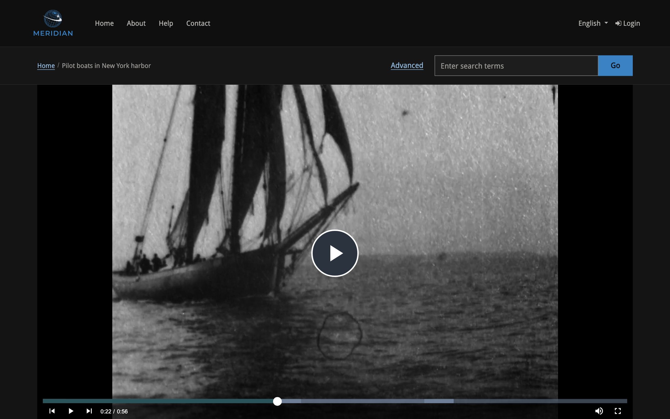 A video page in Meridian, the HykuUP audio and video demo repository, playing an 1899 film of pilot boats in New York harbor.